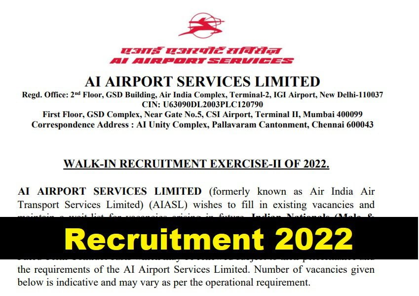 AI AIRPORT SERVICES LIMITED Recruitment 2022