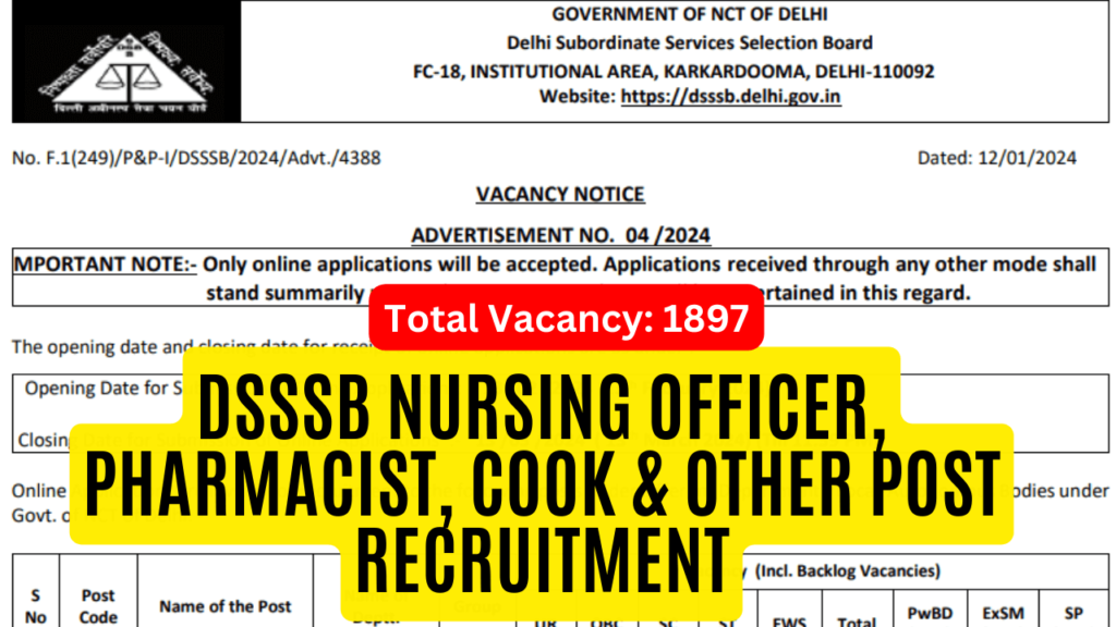 DSSSB Nursing Officer, Pharmacist, Cook & Other Post Recruitment