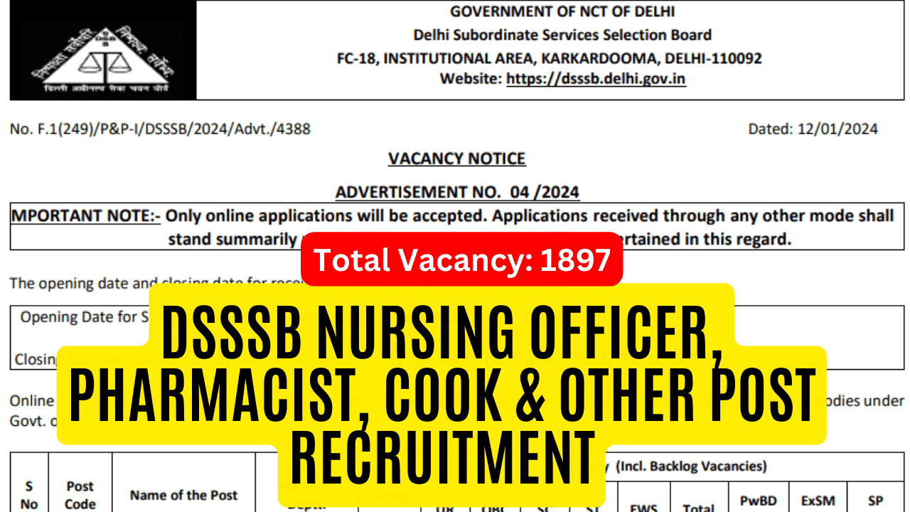 DSSSB Nursing Officer, Pharmacist, Cook & Other Post Recruitment